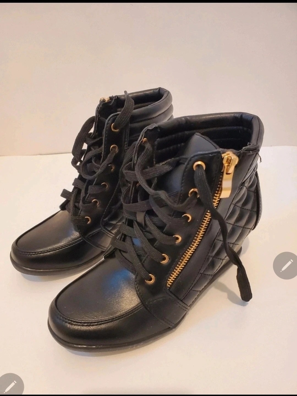 Women’s Black Quilted Lace-Up Wedge Sneakers with Gold Zip